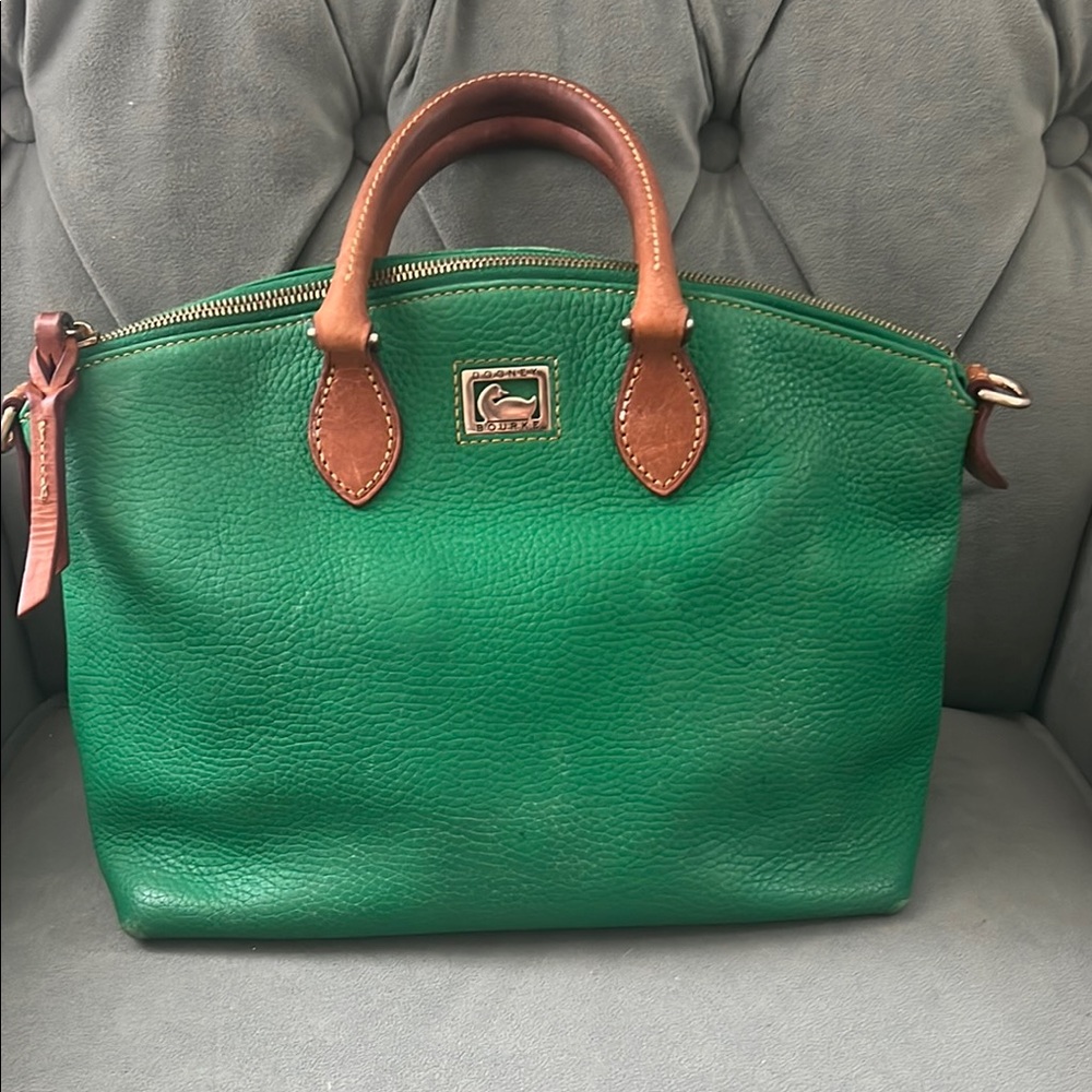 Green Leather Handbag with Brown Accents